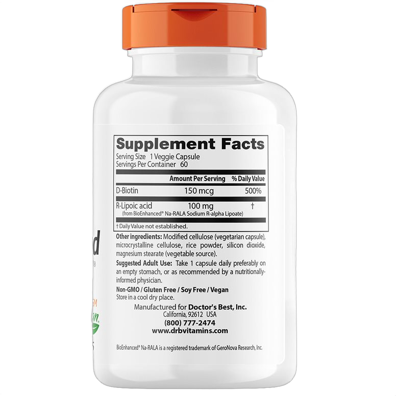 Stabilized R-Lipoic Acid with BioEnhanced Na-RALA, 100mg