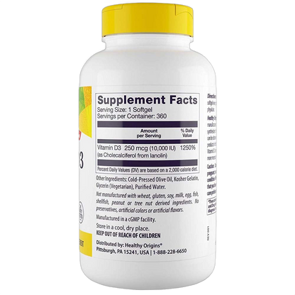Vitamin D3, 10000IU, Softgels (Olive Oil)