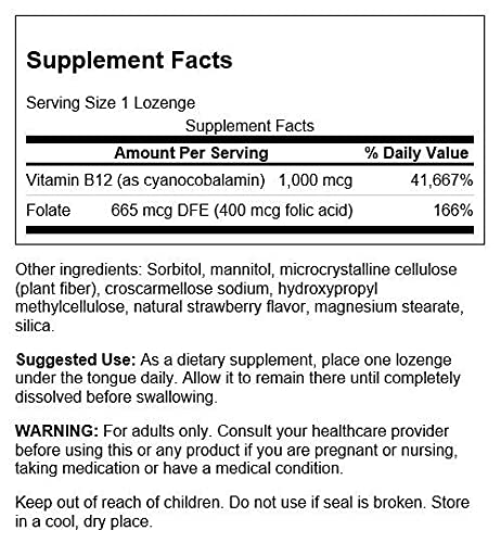 Vitamin B12 with Folate, Strawberry Flavour, 1000mcg